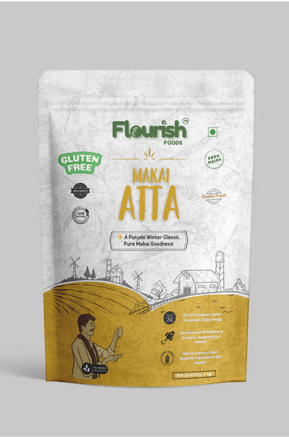 Flourish Foods Makai Atta package on a gray background