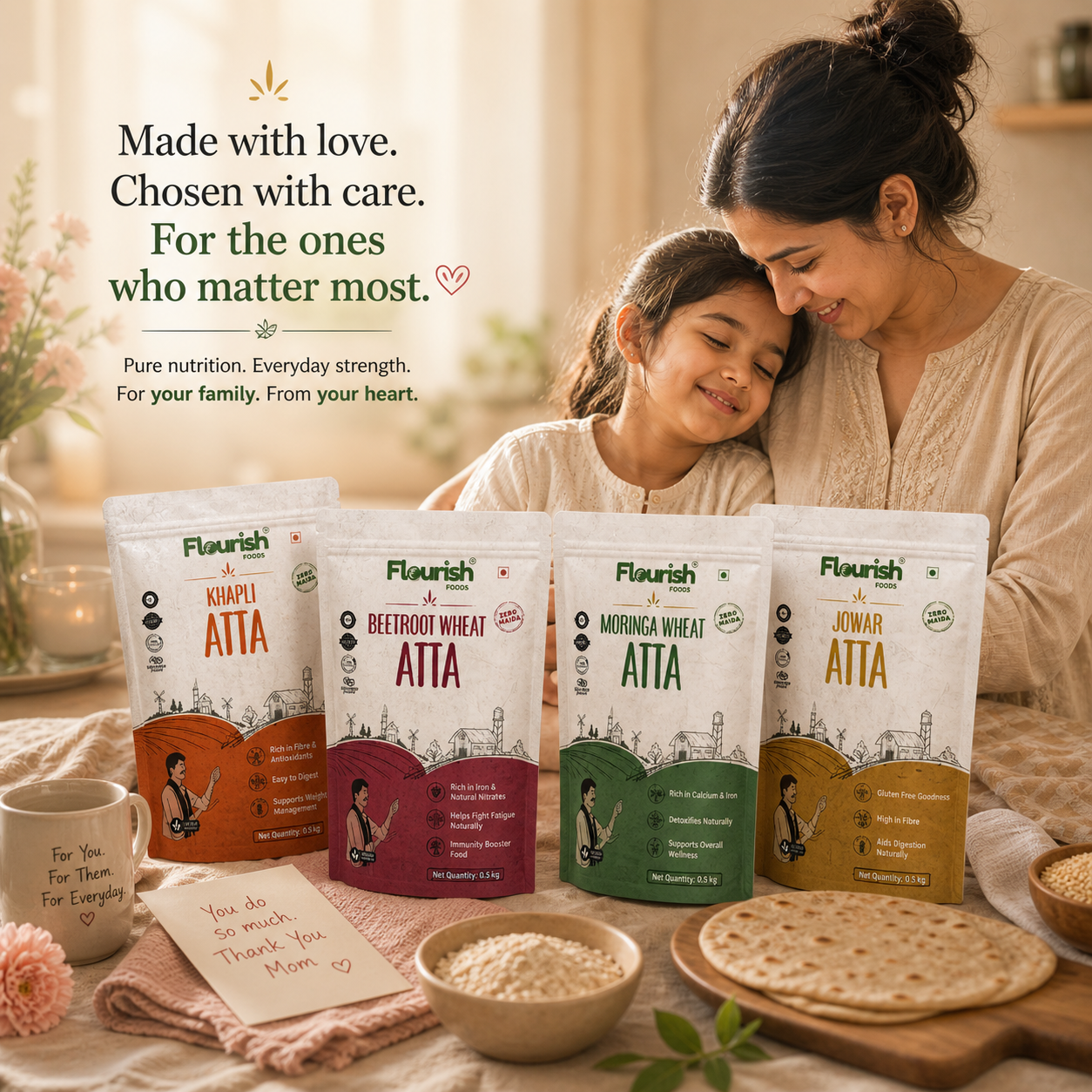 Woman and child with Flourish atta packages and food items on a table.