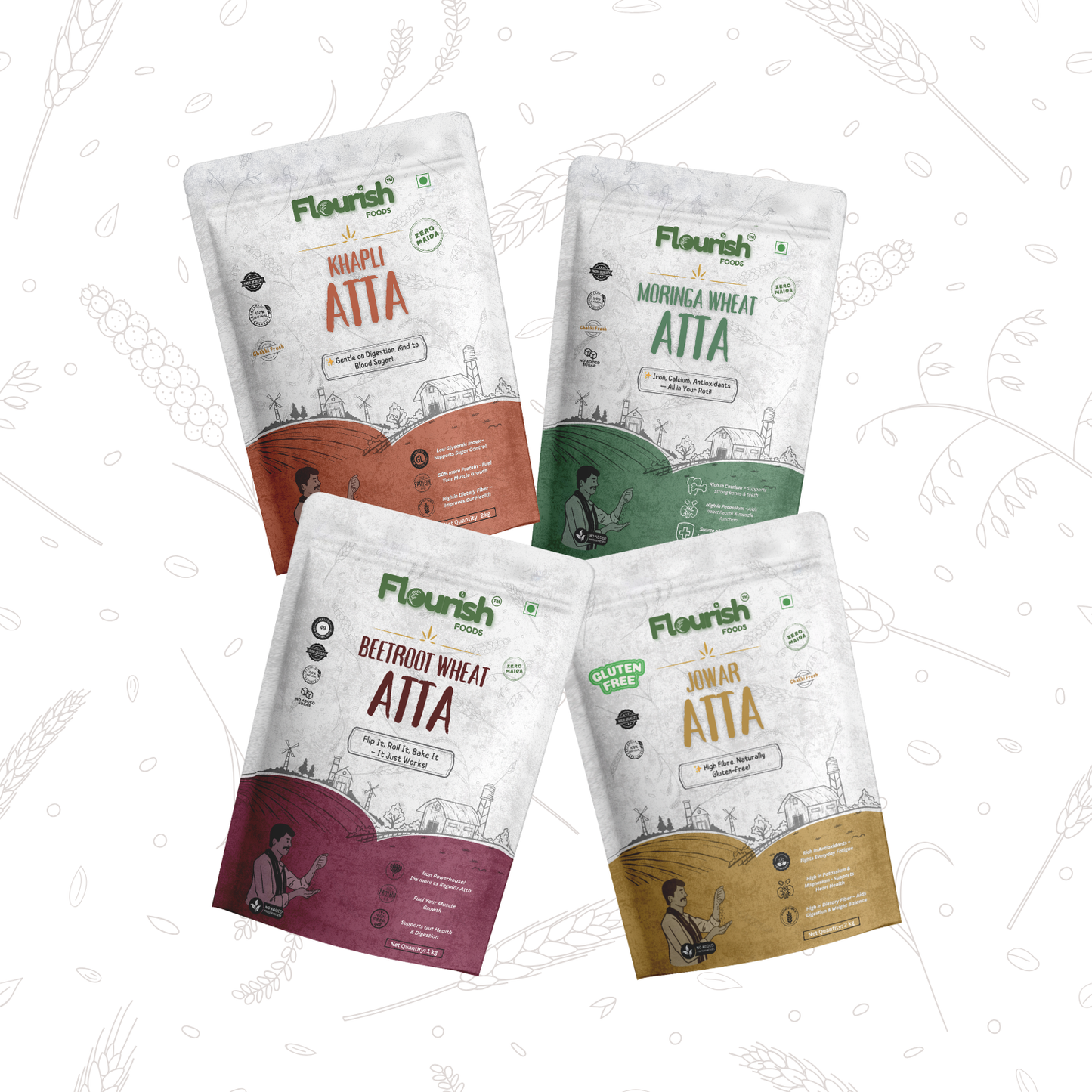 Four packages of Flourish atta on a light background