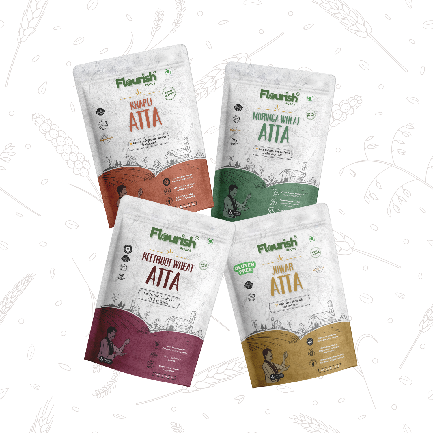 Four packages of Flourish atta on a light background